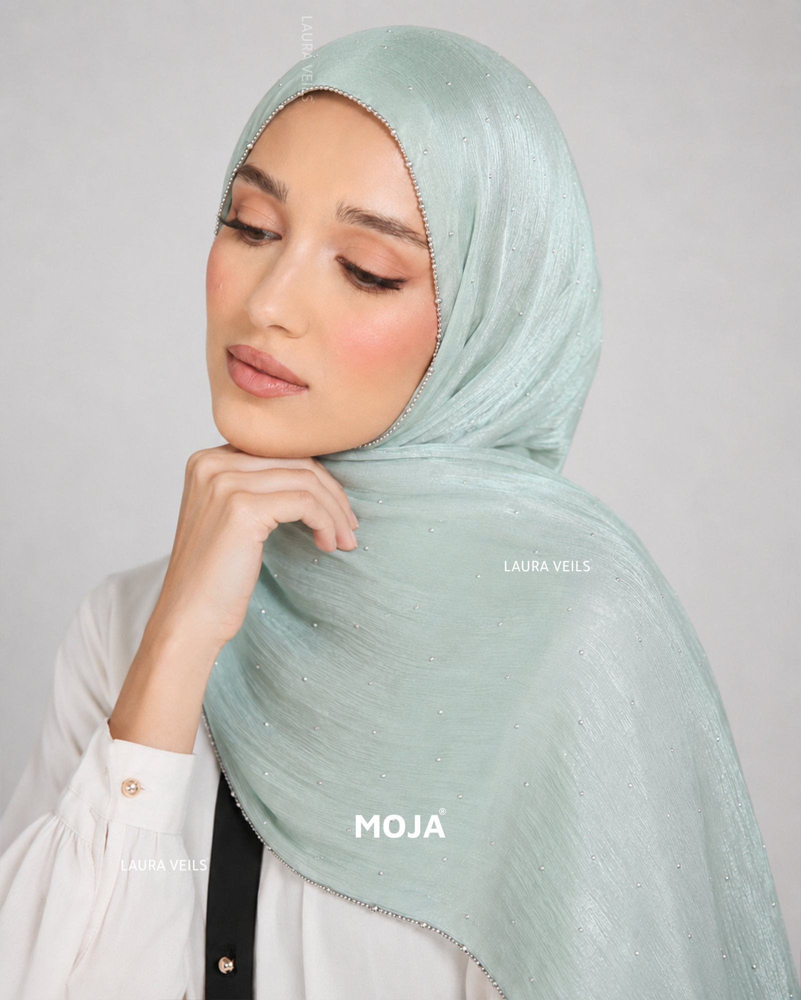 Pastel Green Moja Organza Shimmer Party Hijab – Dewdrop with Silver Chain Lace Border, 2m