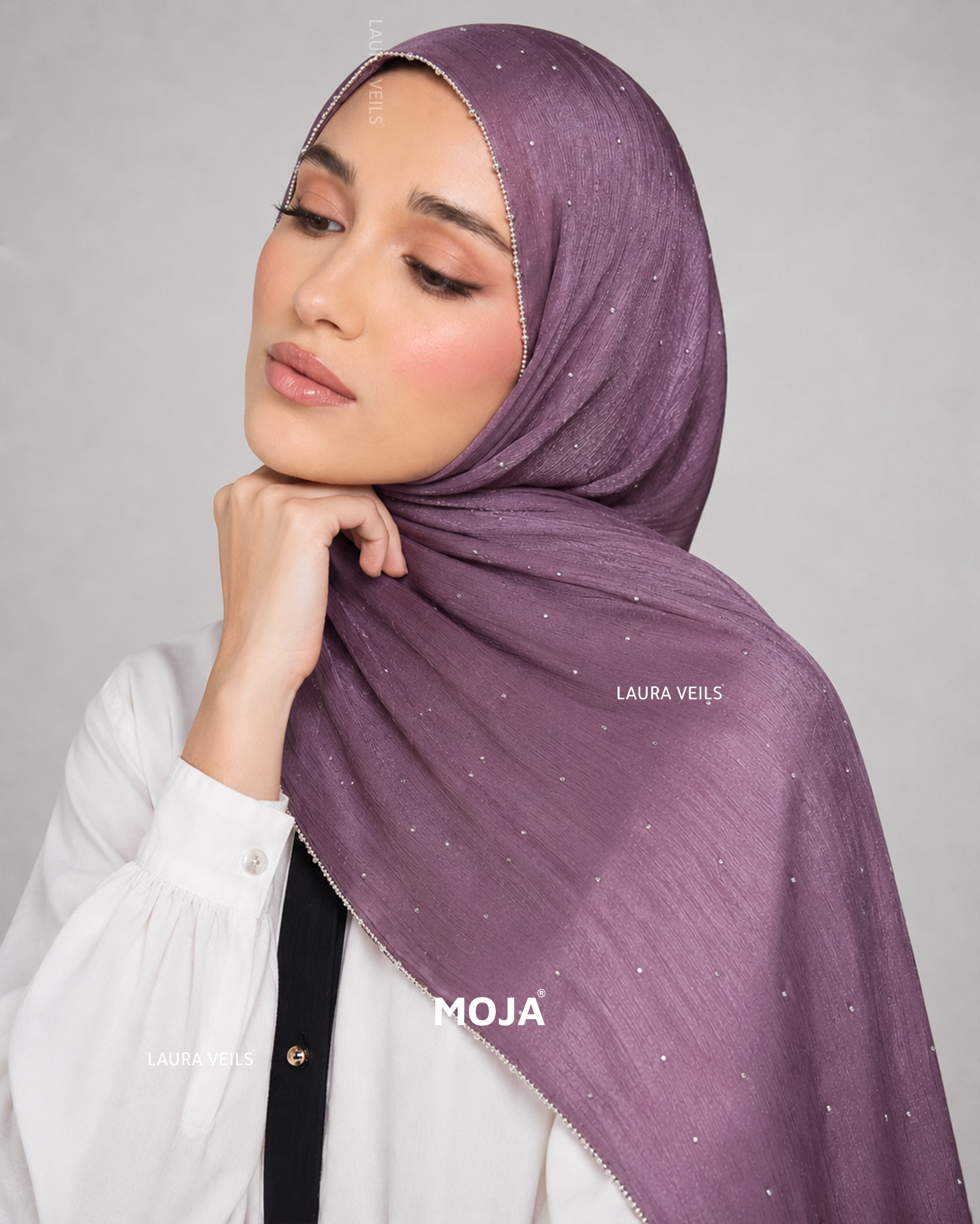 Lavender Moja Organza Shimmer Party Hijab – Dewdrop with Silver Chain Lace Border, 2m