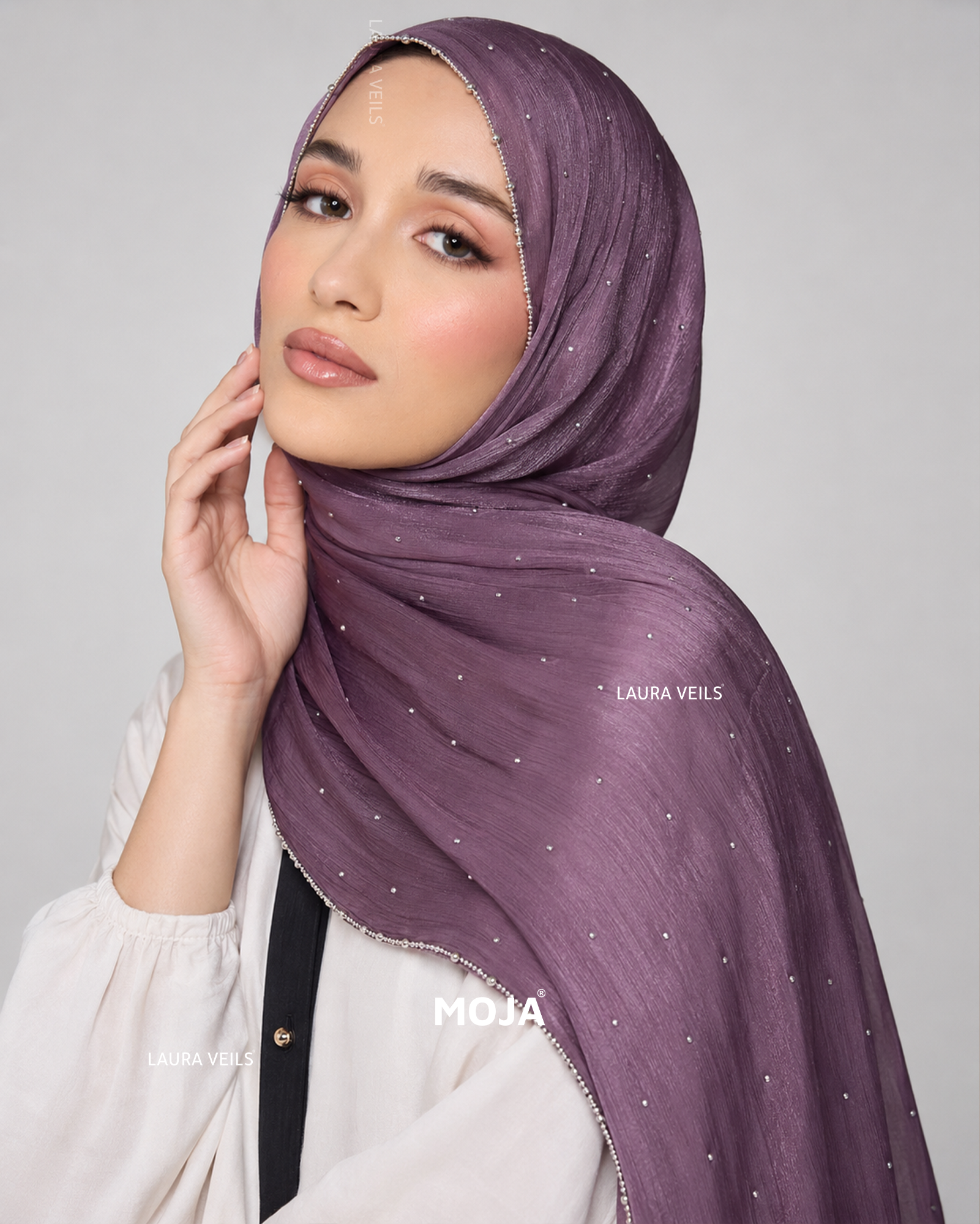 Lavender Moja Organza Shimmer Party Hijab – Dewdrop with Silver Chain Lace Border, 2m