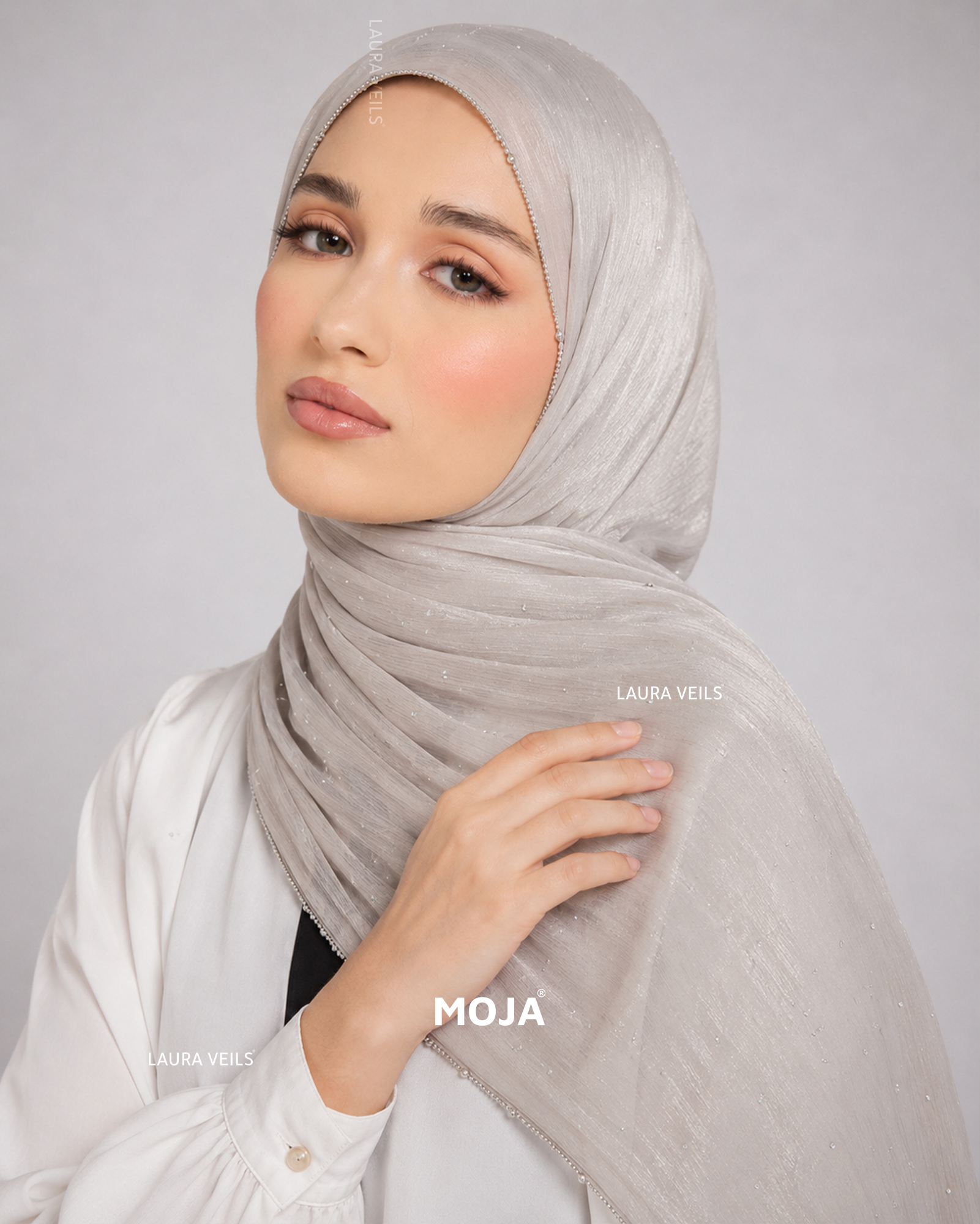 Nude Moja Organza Shimmer Party Hijab – Dewdrop with Silver Chain Lace Border, 2m
