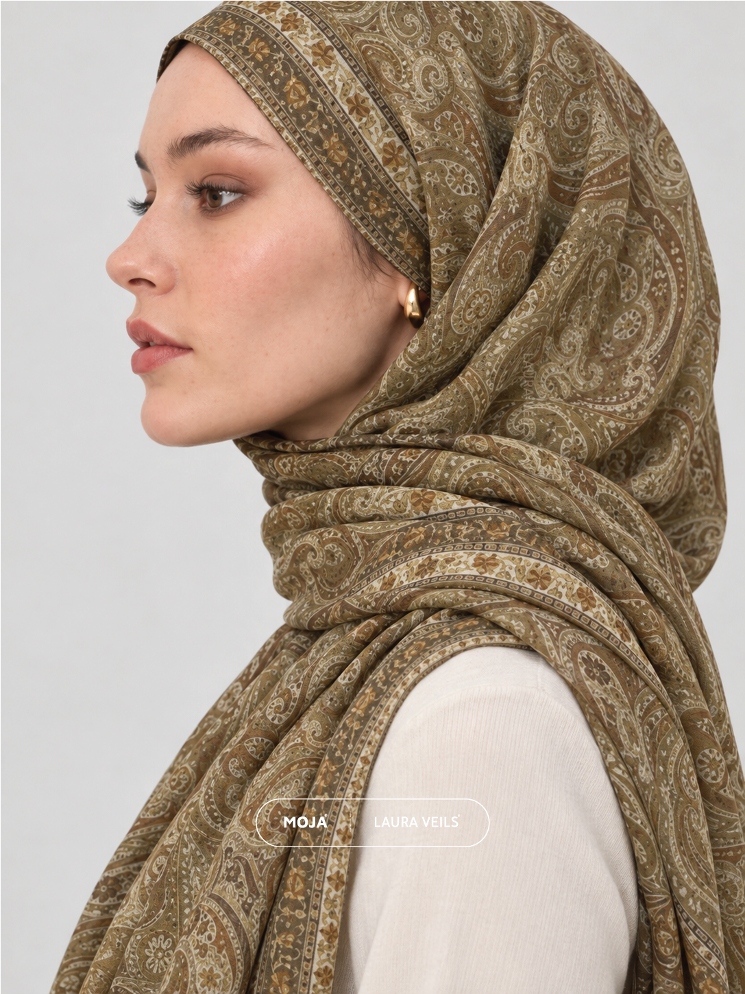 Paisley Printed Hijab – Umber Moss – Moja Soft Chiffon Printed Shayla – 2m length
