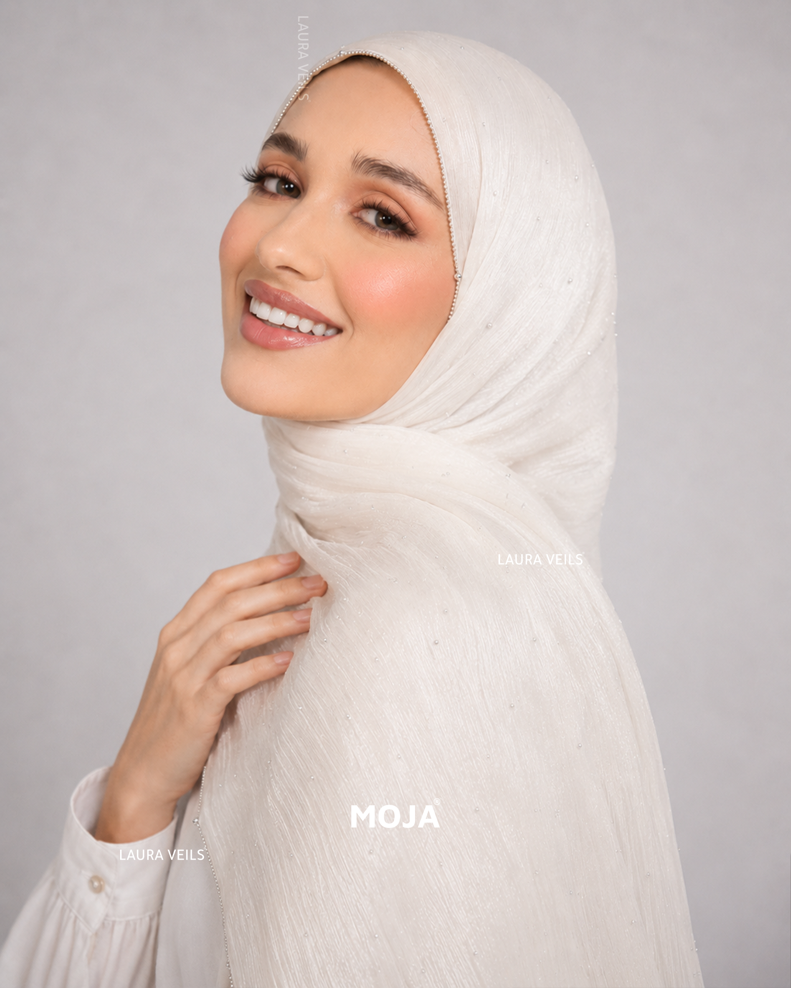 Ivory Moja Organza Shimmer Party Hijab – Dewdrop with Silver Chain Lace Border, 2m