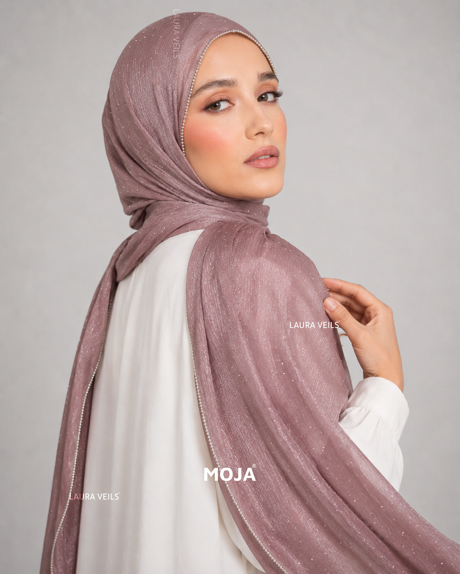Onion Moja Organza Shimmer Party Hijab – Dewdrop with Silver Chain Lace Border, 2m