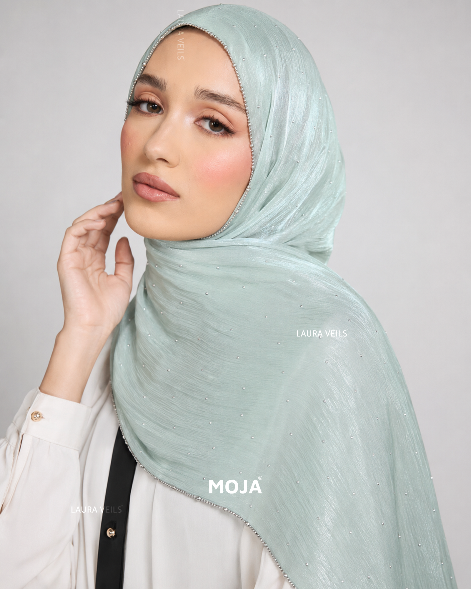 Pastel Green Moja Organza Shimmer Party Hijab – Dewdrop with Silver Chain Lace Border, 2m