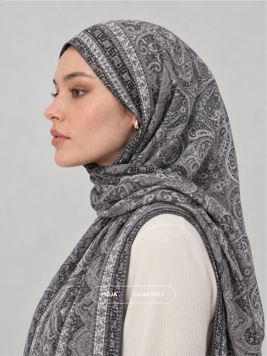 Paisley Printed Hijab – Charcoal Noir – Moja Soft Chiffon Printed Shayla – 2m length