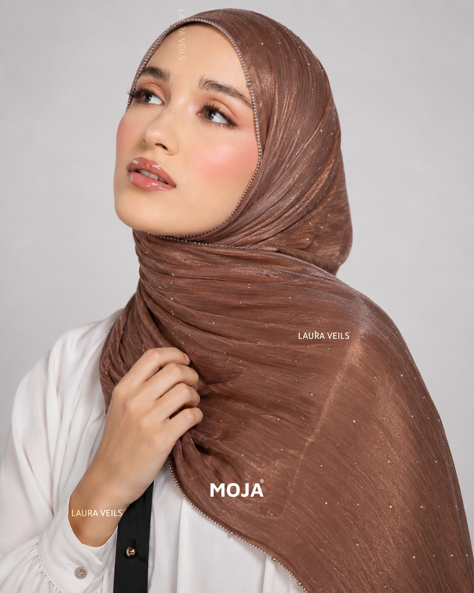 Copper Moja Organza Shimmer Party Hijab – Dewdrop with Silver Chain Lace Border, 2m