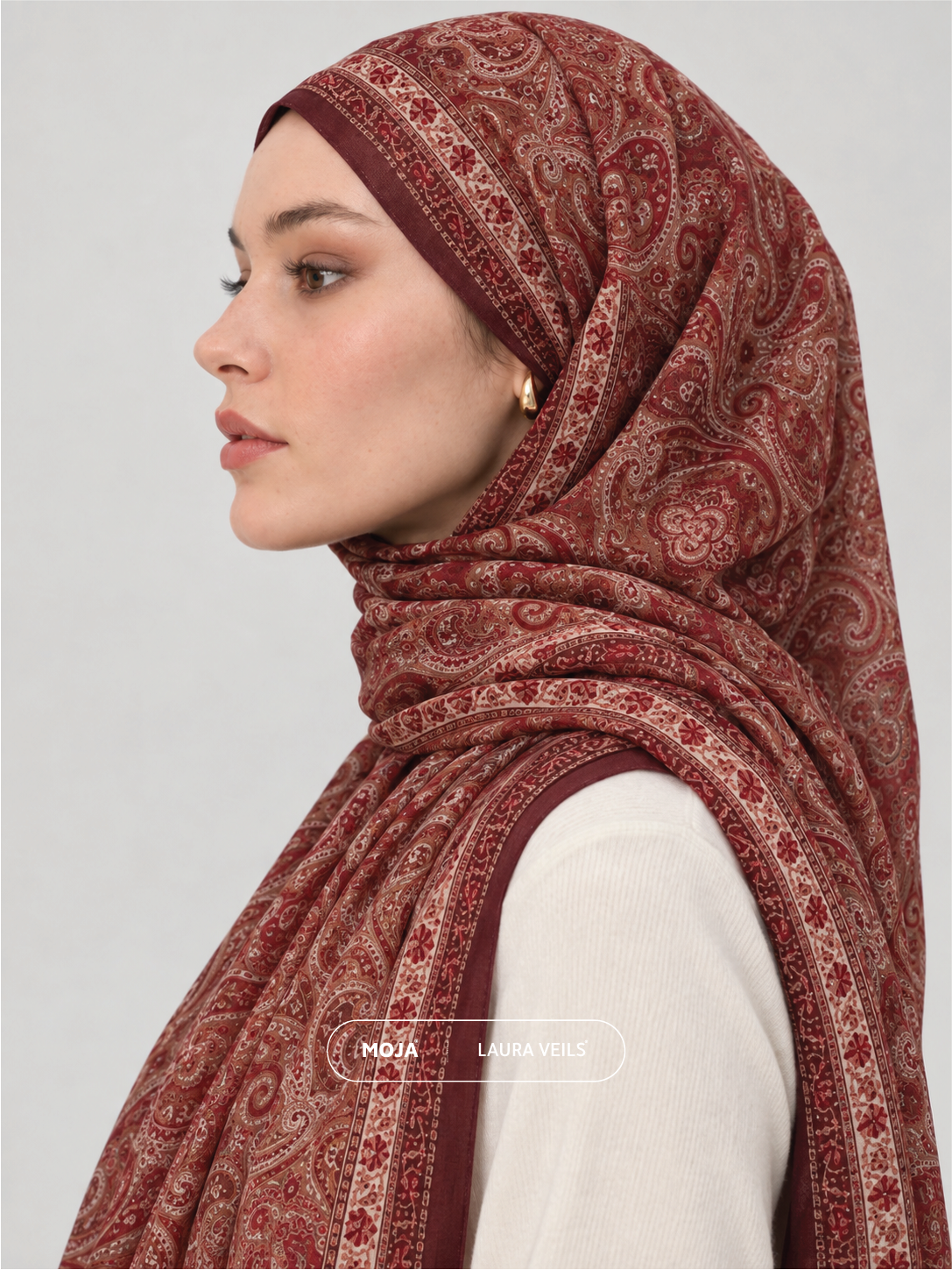 Paisley Printed Hijab – Wine Burgundy – Moja Soft Chiffon Printed Shayla – 2m length