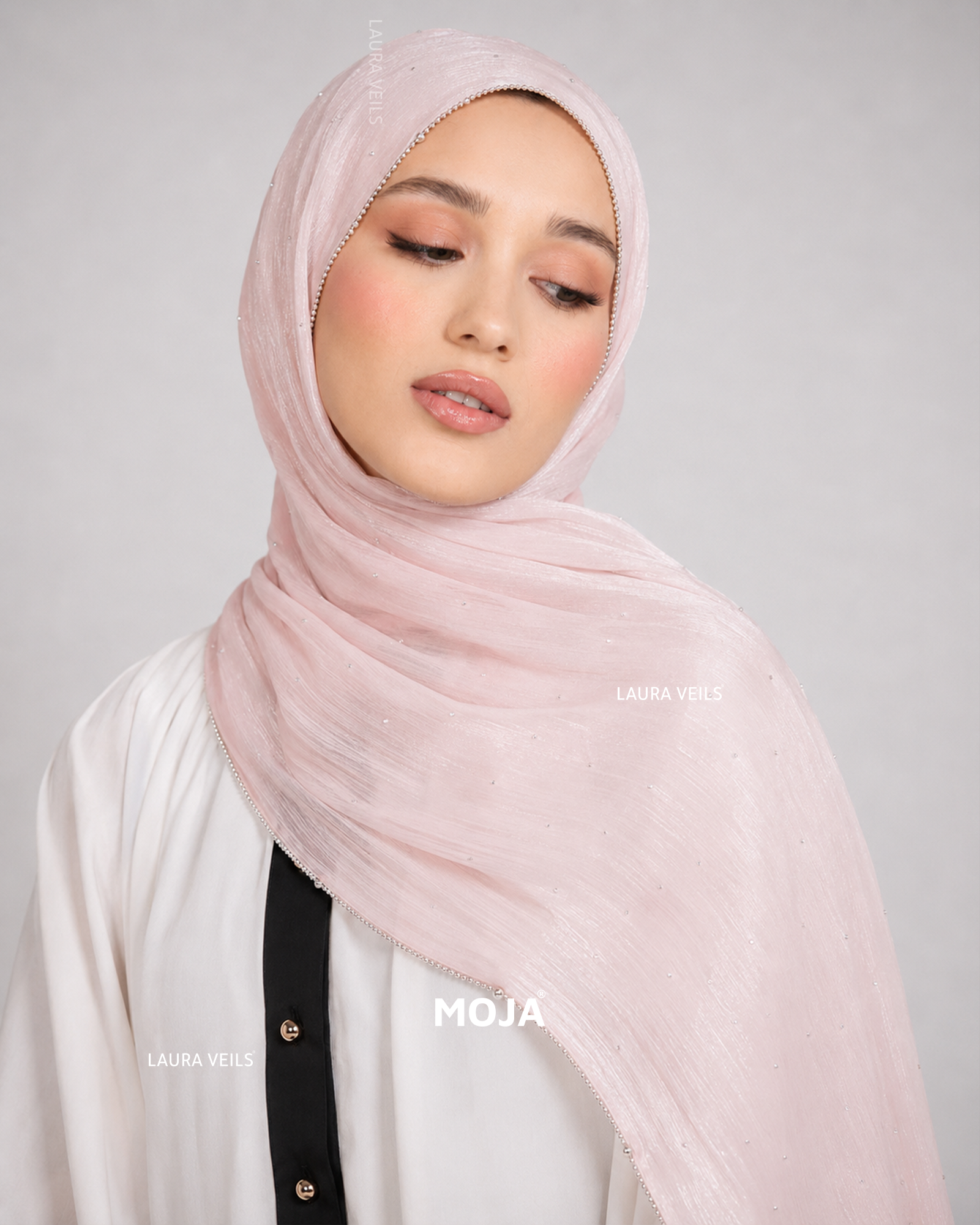 Nude Pink Moja Organza Shimmer Party Hijab – Dewdrop with Silver Chain Lace Border, 2m
