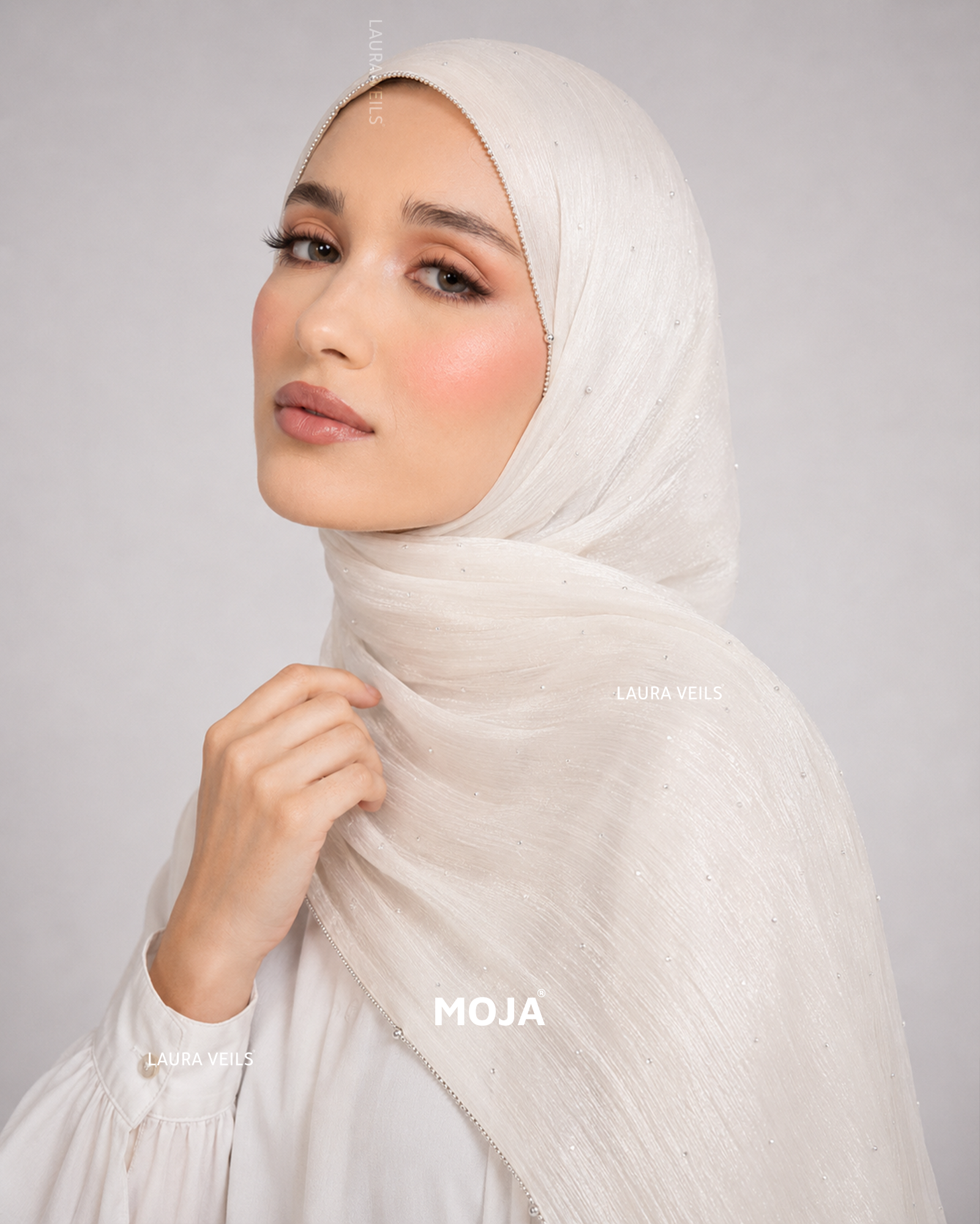 Ivory Moja Organza Shimmer Party Hijab – Dewdrop with Silver Chain Lace Border, 2m