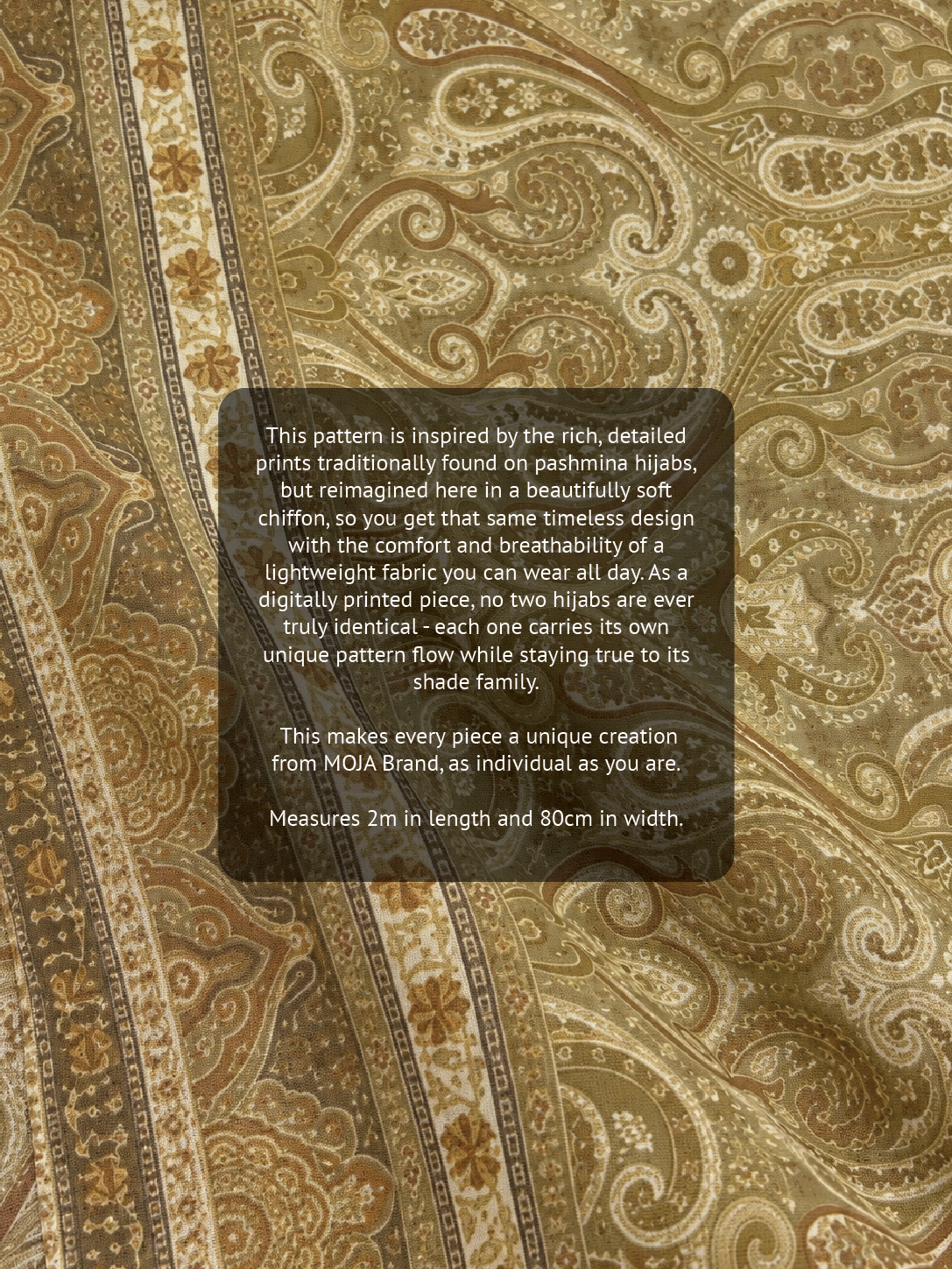 Paisley Printed Hijab – Umber Moss – Moja Soft Chiffon Printed Shayla – 2m length