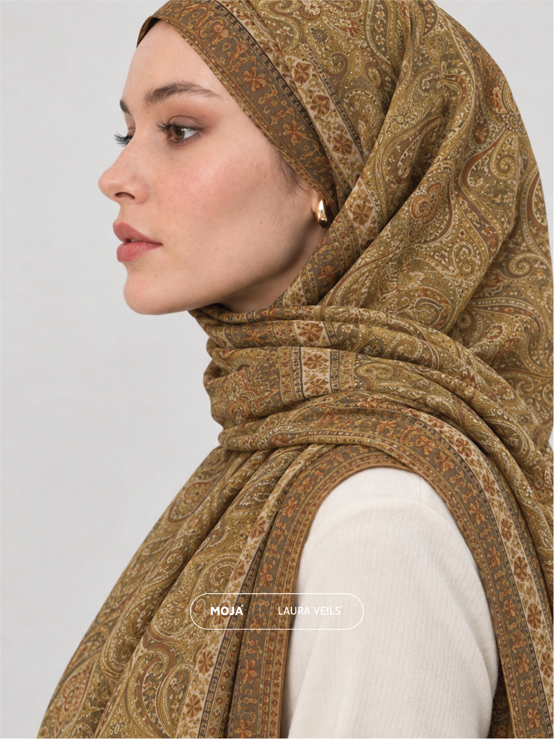 Paisley Printed Hijab – Amber Gold – Moja Soft Chiffon Printed Shayla – 2m length