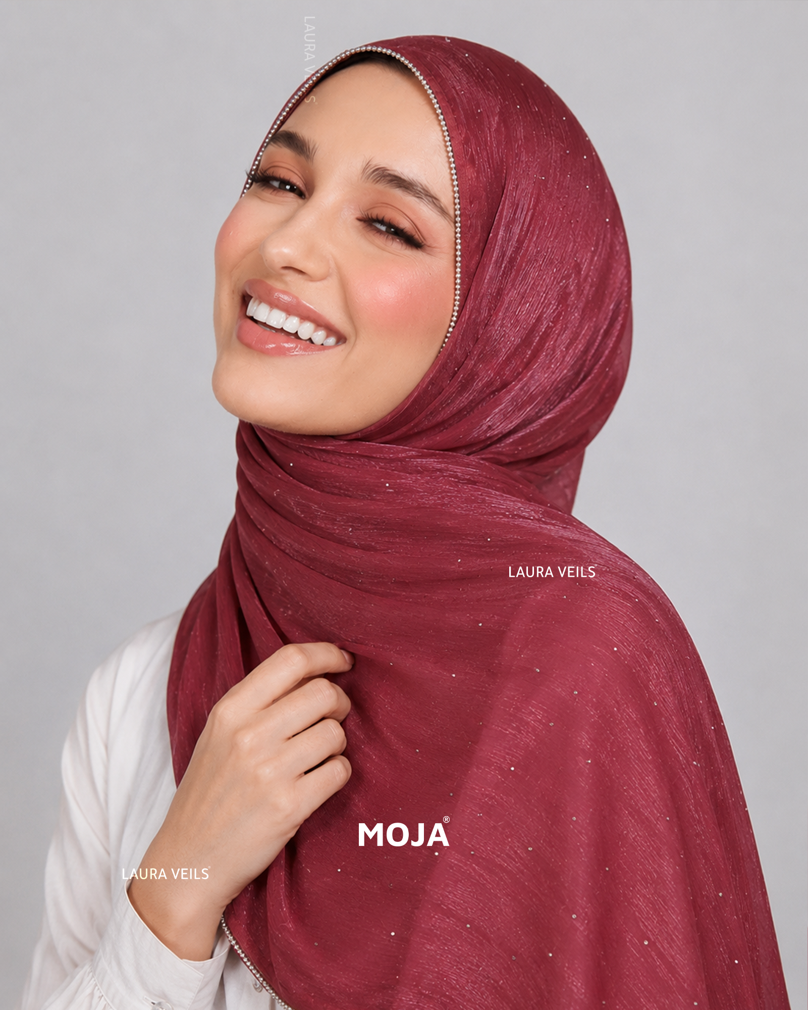 Mauve Pink Moja Organza Shimmer Party Hijab – Dewdrop with Silver Chain Lace Border, 2m