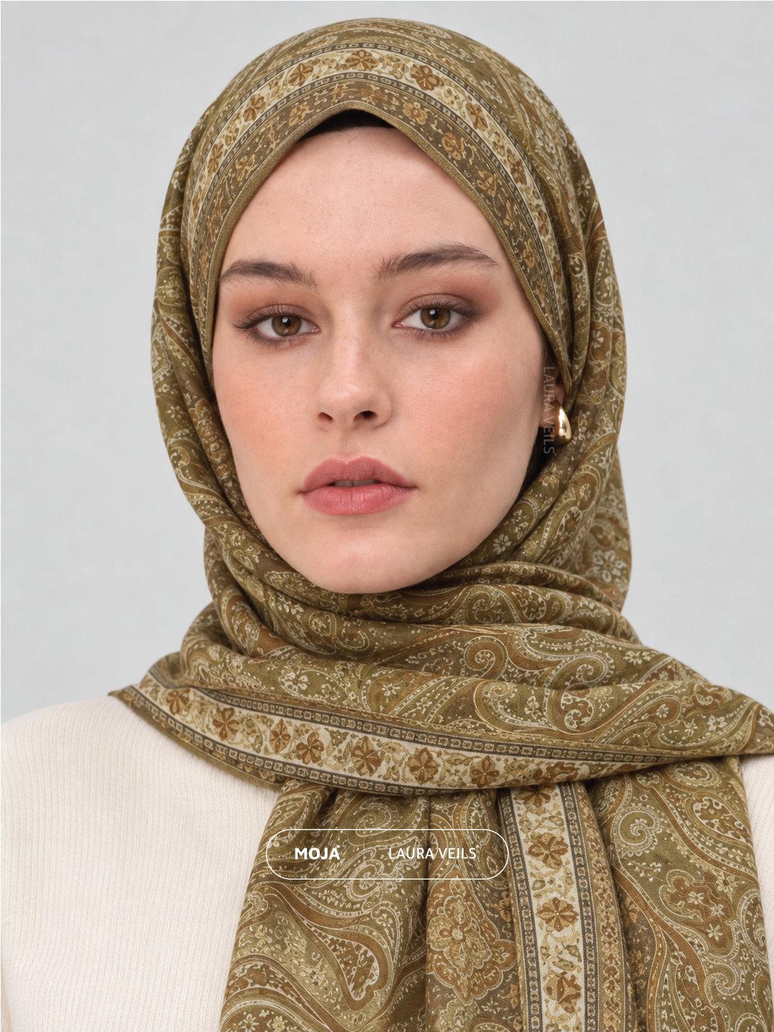 Paisley Printed Hijab – Umber Moss – Moja Soft Chiffon Printed Shayla – 2m length