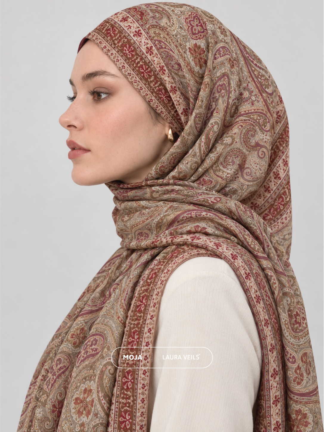 Paisley Printed Hijab – Rosewood Taupe – Moja Soft Chiffon Printed Shayla – 2m length