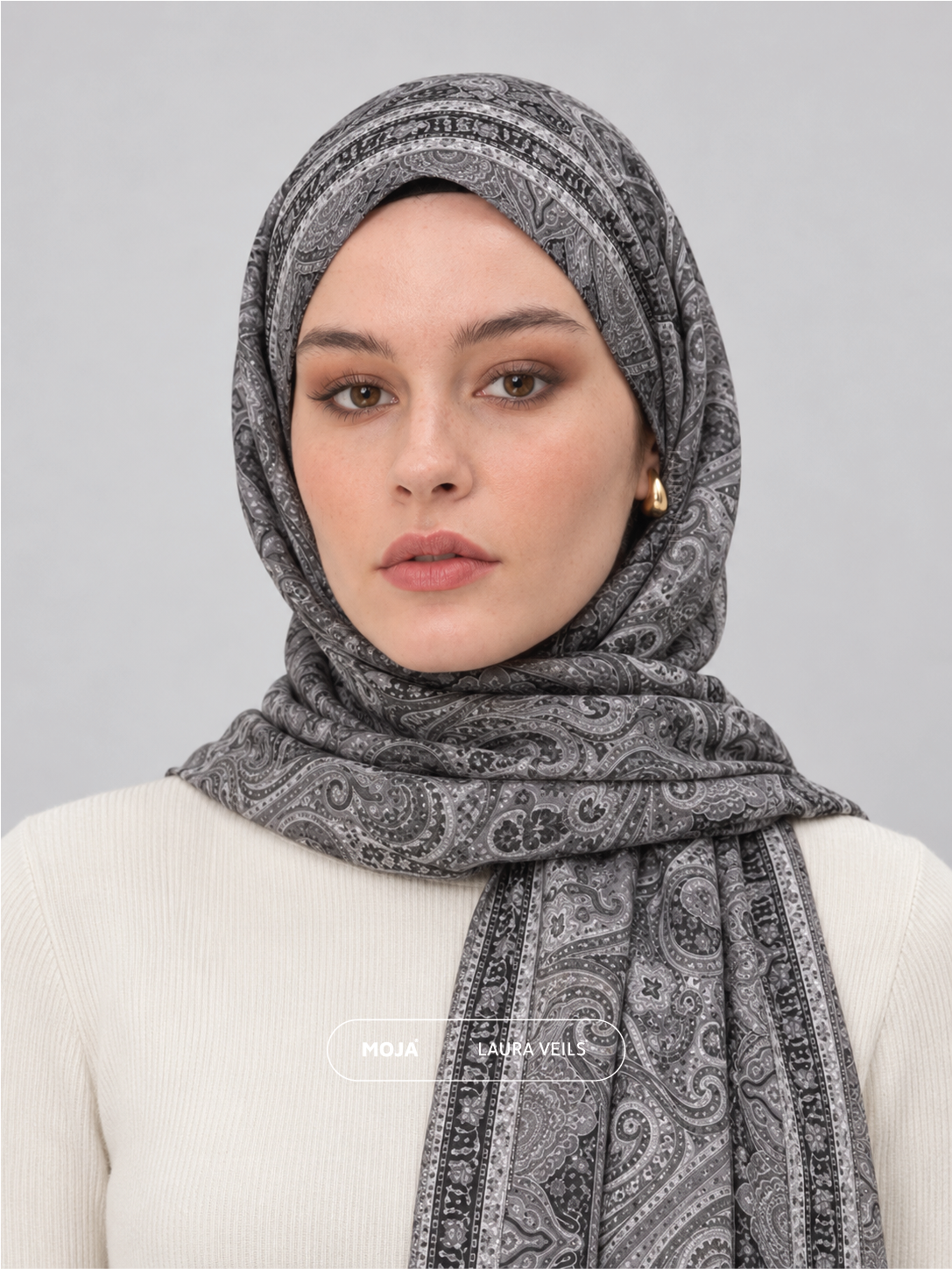 Paisley Printed Hijab – Charcoal Noir – Moja Soft Chiffon Printed Shayla – 2m length