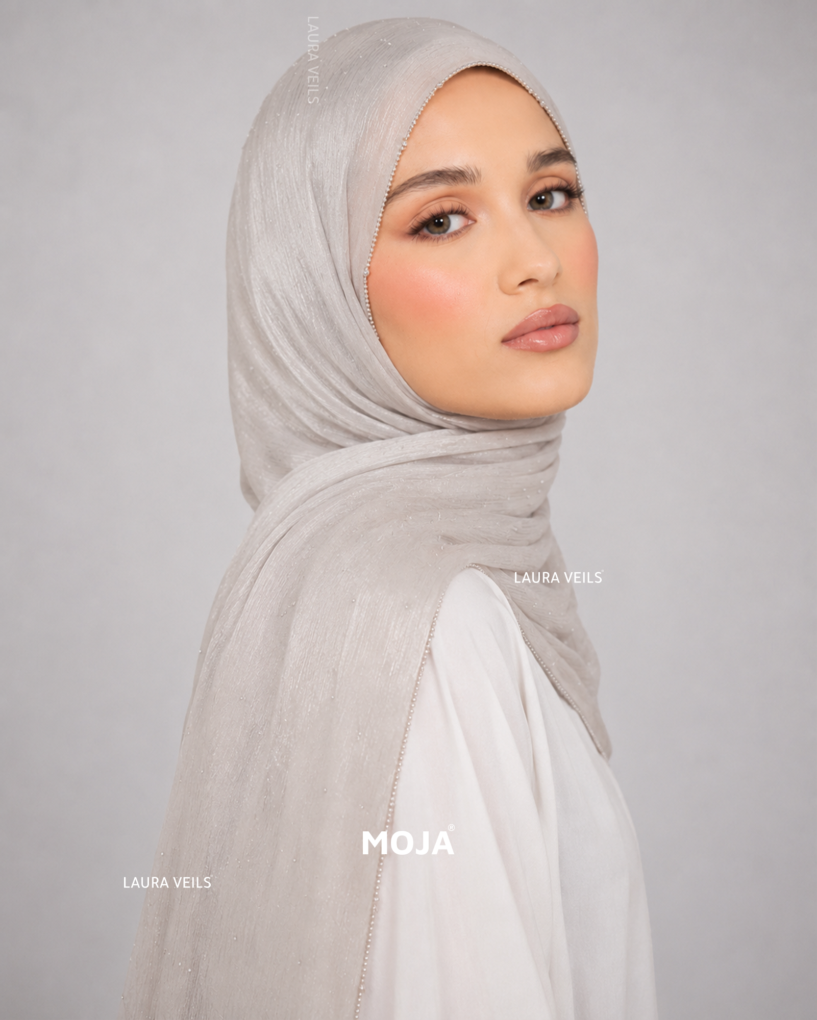 Nude Moja Organza Shimmer Party Hijab – Dewdrop with Silver Chain Lace Border, 2m