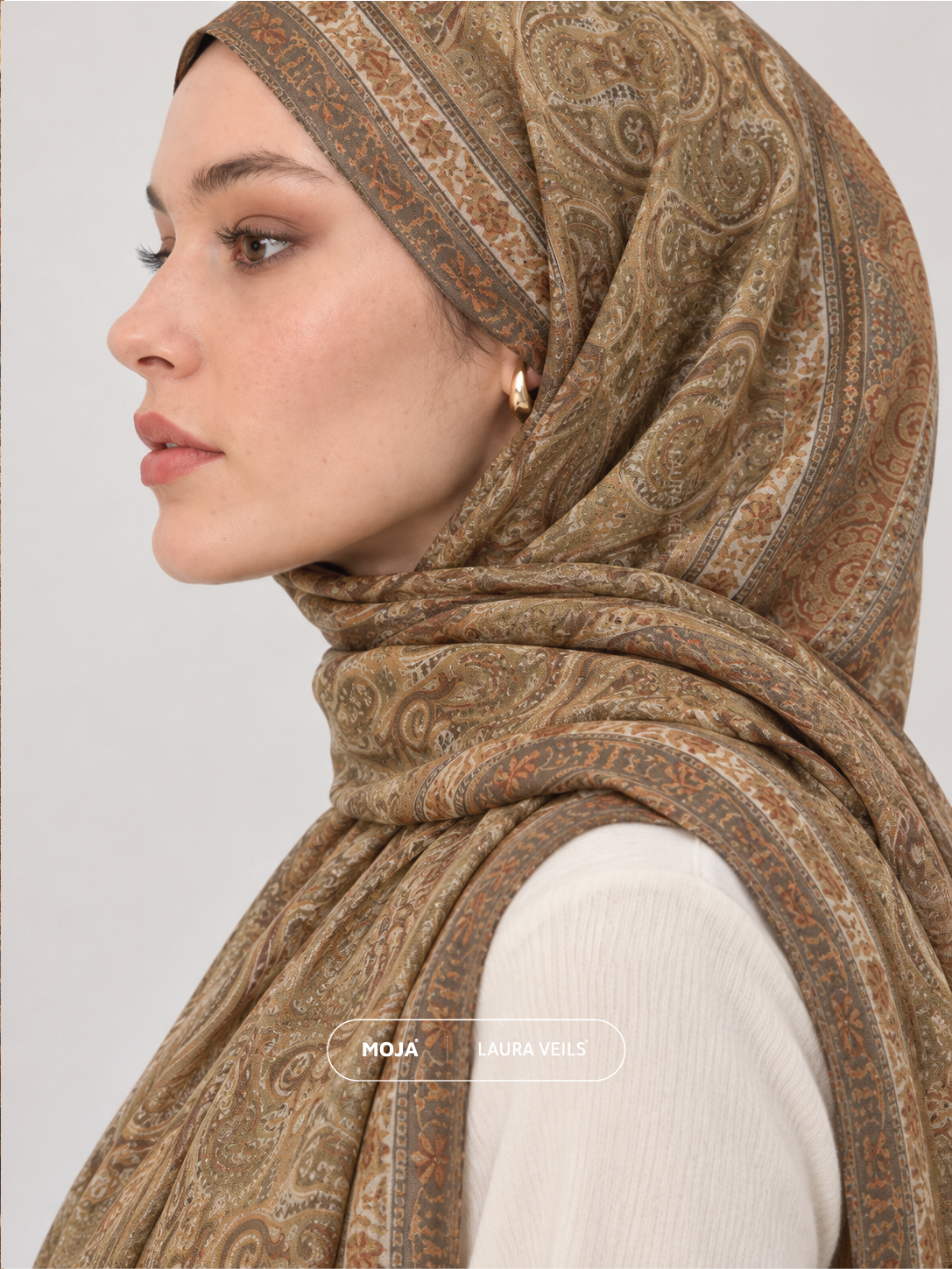 Paisley Printed Hijab – Khaki Sand – Moja Soft Chiffon Printed Shayla – 2m length