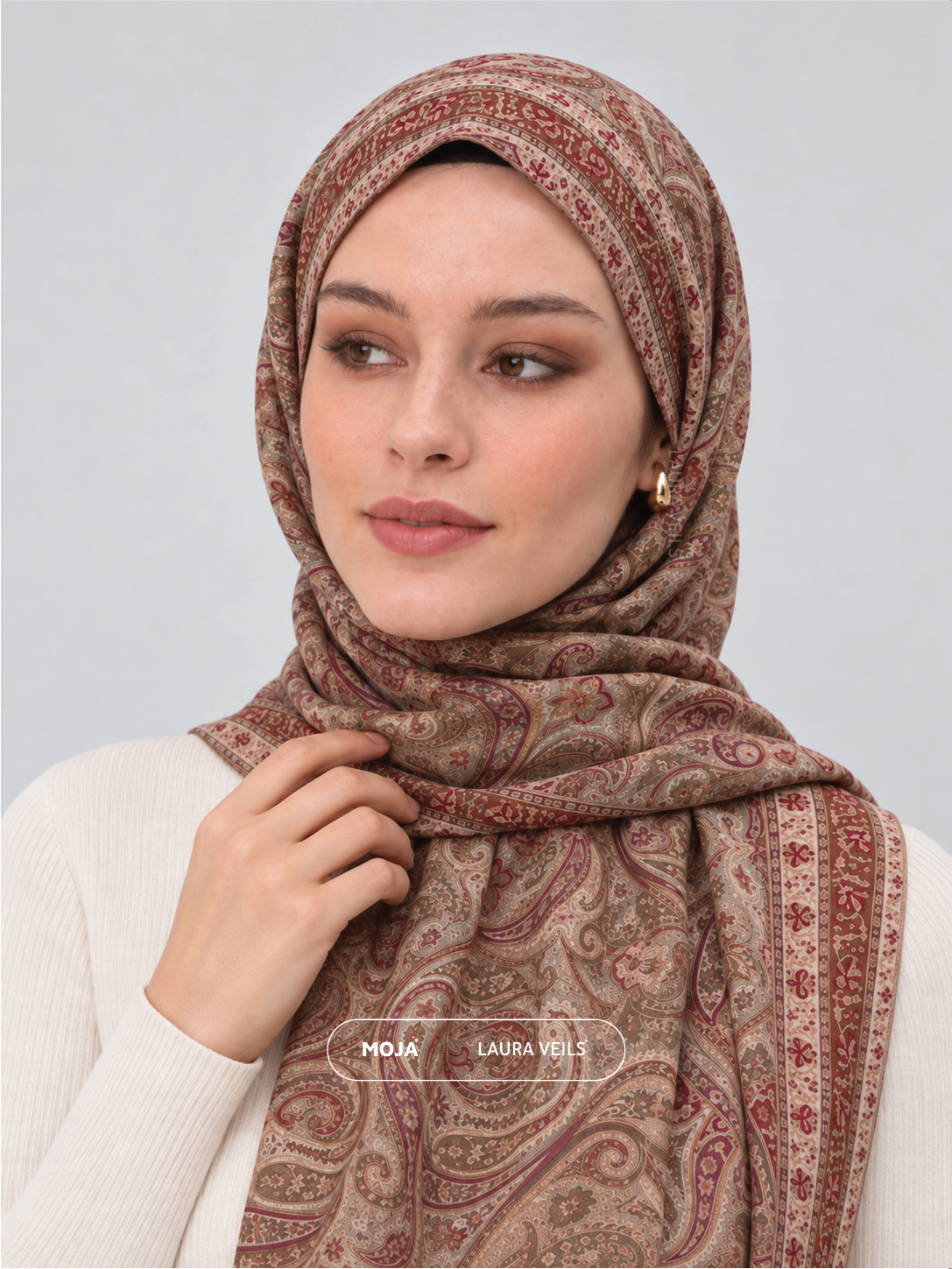 Paisley Printed Hijab – Rosewood Taupe – Moja Soft Chiffon Printed Shayla – 2m length