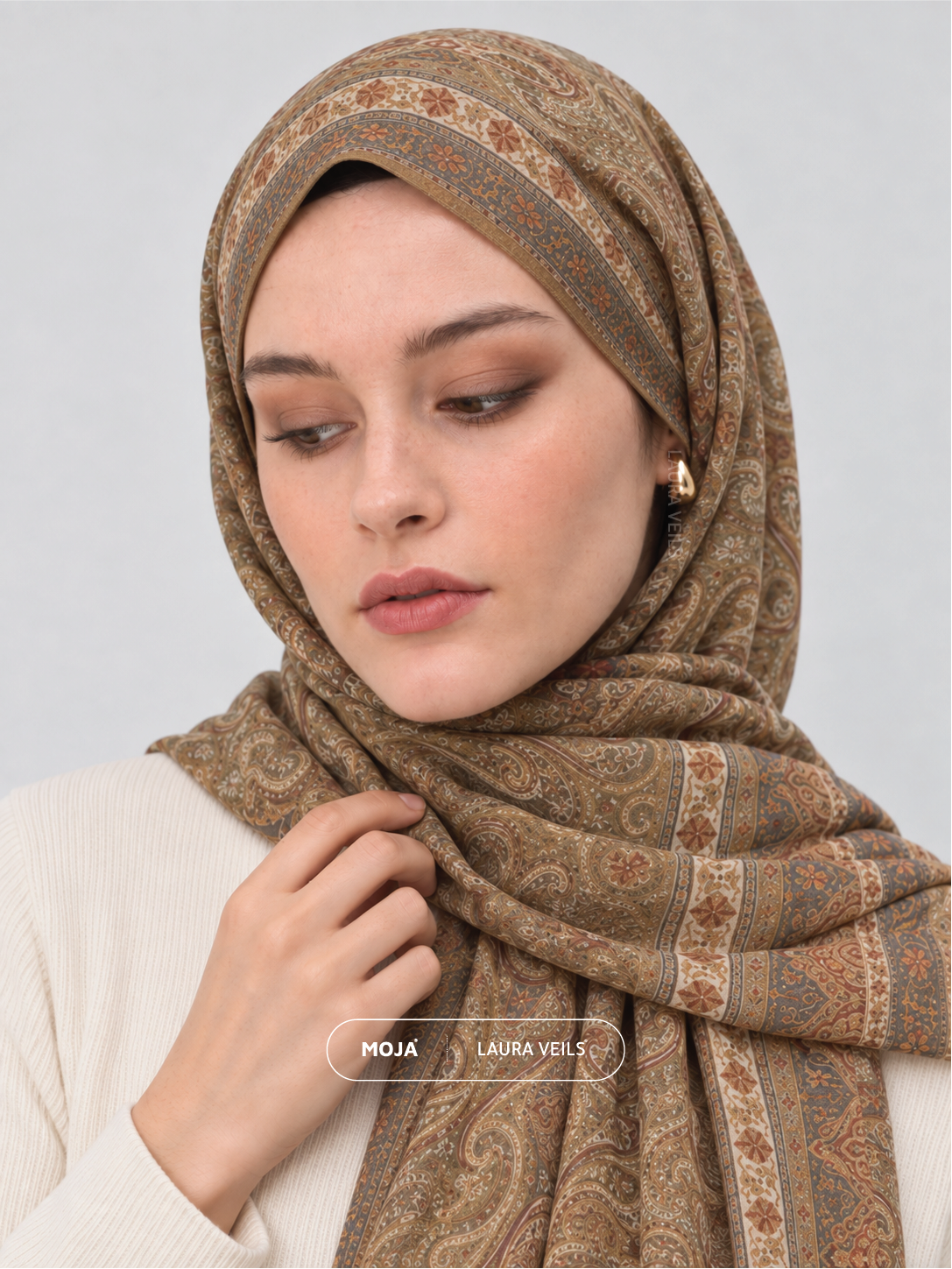 Paisley Printed Hijab – Khaki Sand – Moja Soft Chiffon Printed Shayla – 2m length