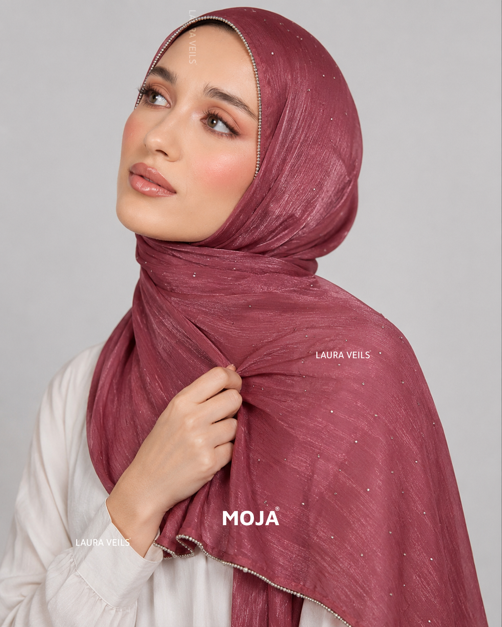 Mauve Pink Moja Organza Shimmer Party Hijab – Dewdrop with Silver Chain Lace Border, 2m